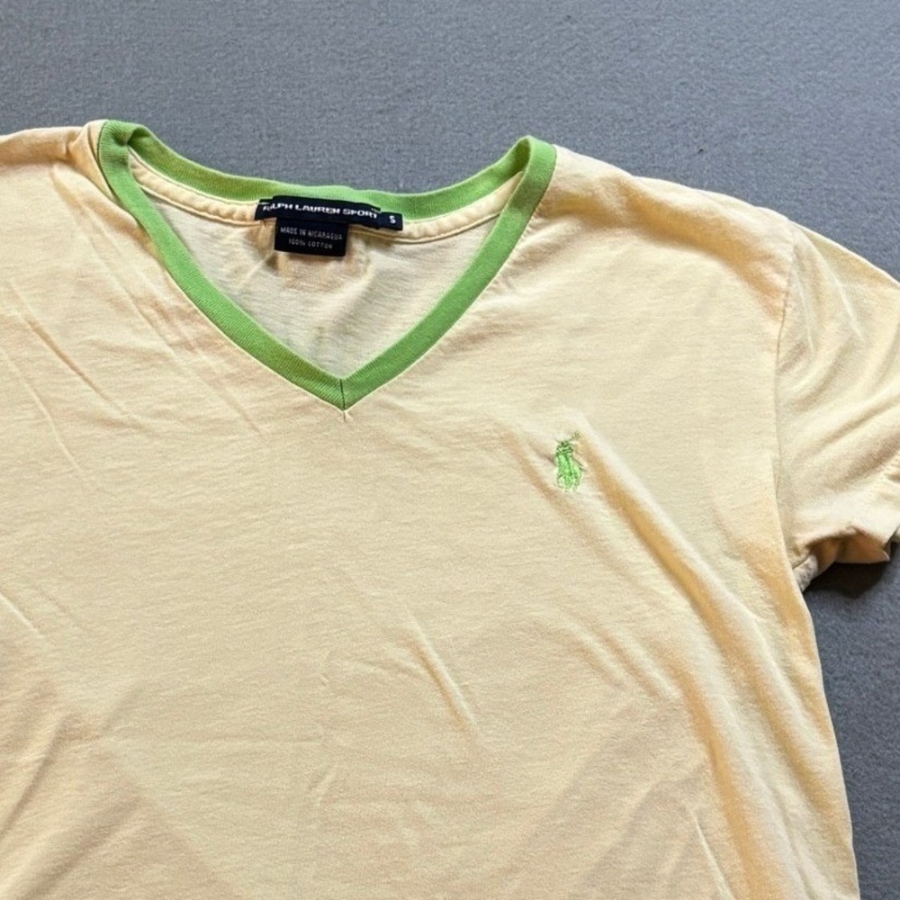 Y2K Ralph Lauren Sport V-Neck T Shirt Womens S Yellow Green Ringer Preppy
